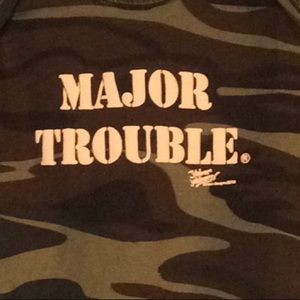 “MAJOR TROUBLE” Camo Green lap tee, NWT